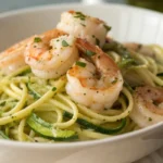 Shrimp Scampi with Zucchini Noodles served in a bowl with sautéed shrimp, garlic, and lemon over fresh spiralized zucchini noodles for a healthy low carb dinner.