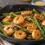 Hero shot — finished shrimp and asparagus stir fry in a dark skillet or wok, glossy garlic sauce coating everything, sesame seeds and lemon wedges on the side, natural light. Alt text: "Shrimp and asparagus stir fry in a pan with garlic lemon sauce"