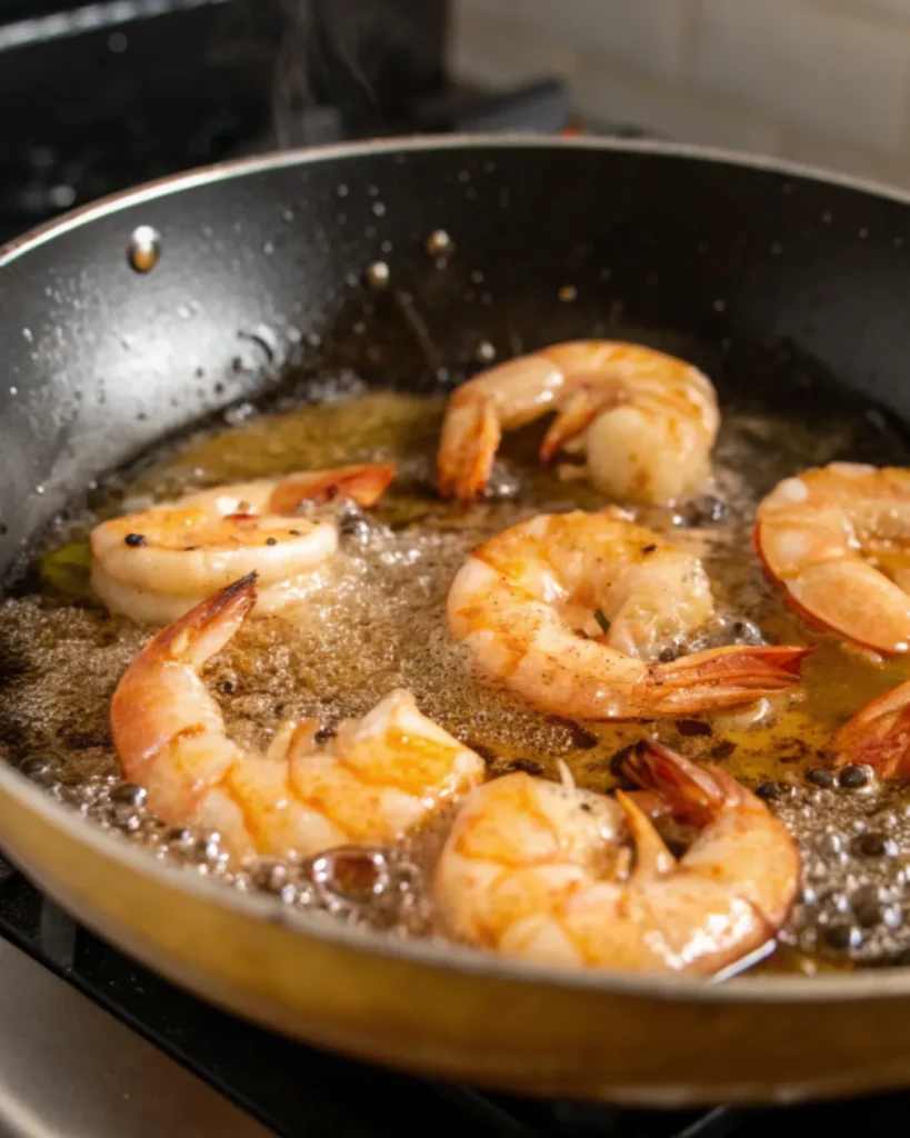 Searing shrimp in a hot skillet for stir fry. Shrimp and Asparagus Stir Fry