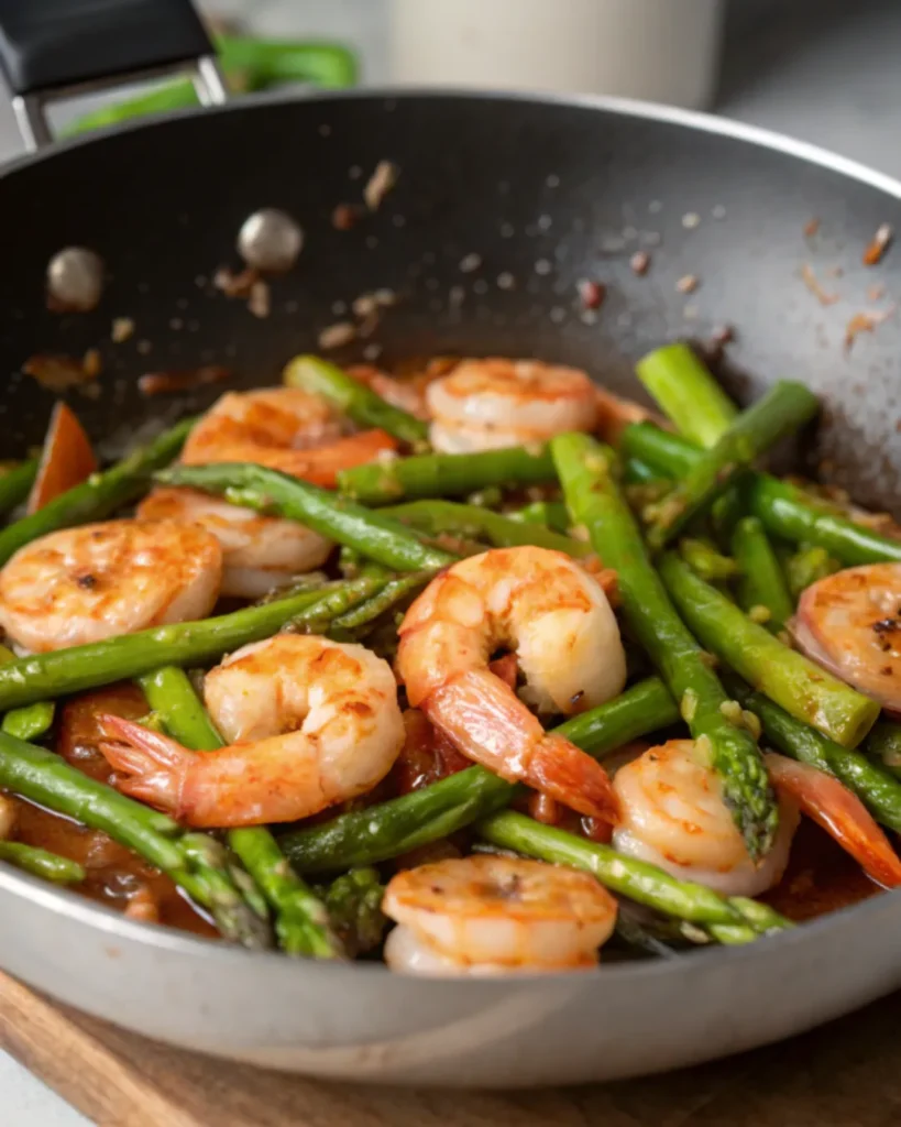 Shrimp and asparagus stir fry coming together in the pan