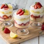 Three clear glass trifle cups on a light wood board, showing distinct layers of angel food cake, pale lemon pudding, and bright fresh strawberries — easy no-bake strawberry lemon trifle cups for summer entertaining.