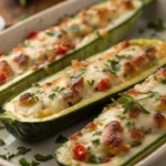 Overhead shot of four golden-topped Italian stuffed zucchini boats in a white ceramic baking dish, bubbling cheese and fresh basil garnish in warm natural light — healthy stuffed zucchini with ground turkey, pre-baked shells so they never go soggy.