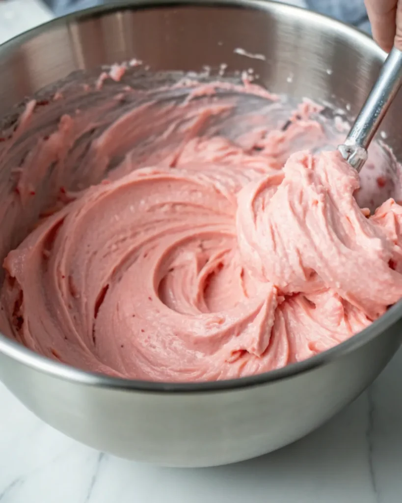 blush pink rosewater buttercream in mixing bowl | Alt text: "Blush pink rosewater buttercream for rose vanilla cupcakes