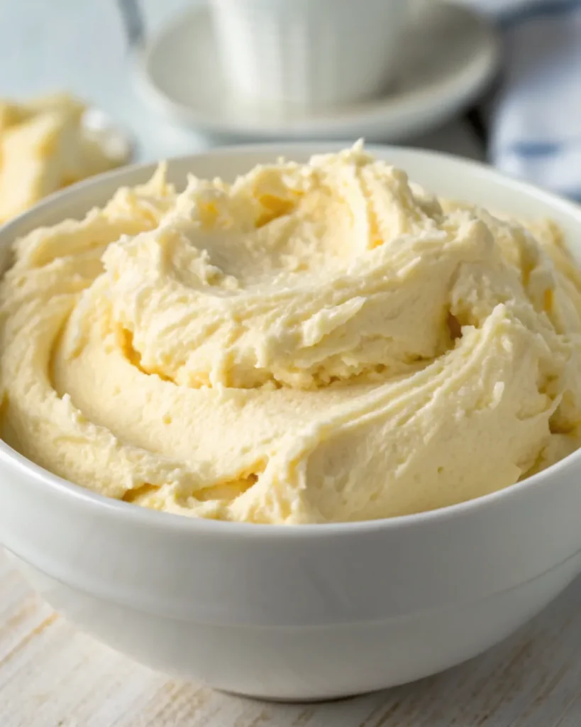 creamed butter and sugar in bowl, pale yellow and fluffy | Alt text: "Creamed butter and sugar base for rose cupcake batte