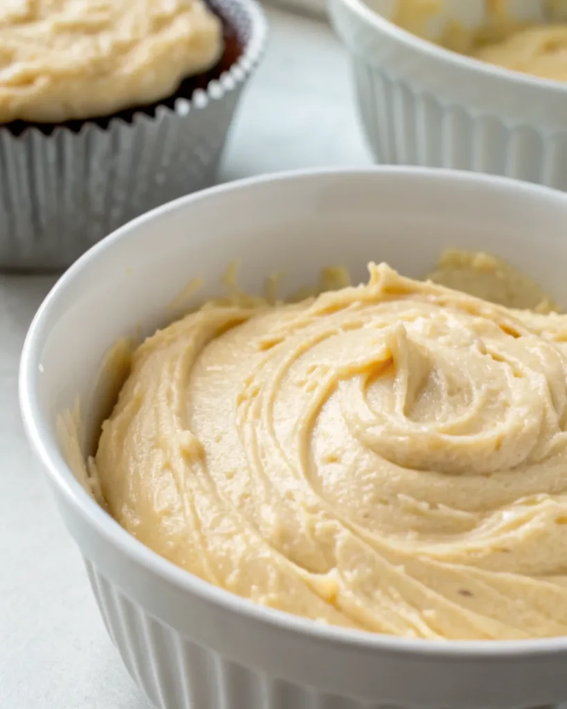 cupcake batter in bowl, smooth and creamy | Alt text: "Rose vanilla cupcake batter ready to fill liners