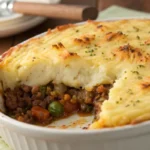 Golden baked cottage pie recipe with layers of seasoned minced beef and creamy mashed potatoes, served hot as a comforting and hearty dinner