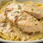 Crockpot Angel Chicken served with creamy sauce over pasta, made with tender boneless chicken breast in a slow cooker for an easy comforting dinner.