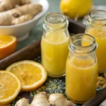 Ginger shot recipe served in small glass bottles with fresh ginger, lemon, and turmeric, showcasing homemade ginger shots as a wellness shots recipe and natural immunity drink