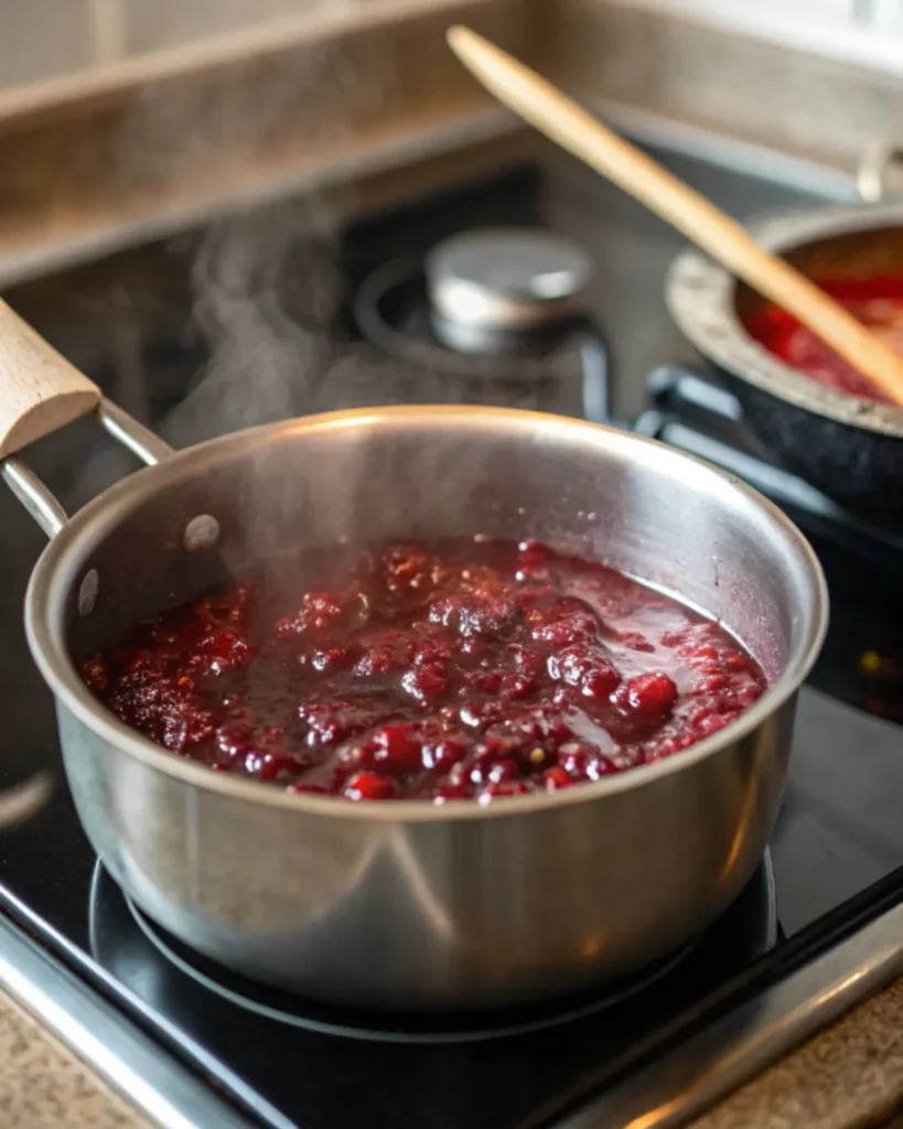 homemade raspberry jam cooking on stovetop for cupcake filling