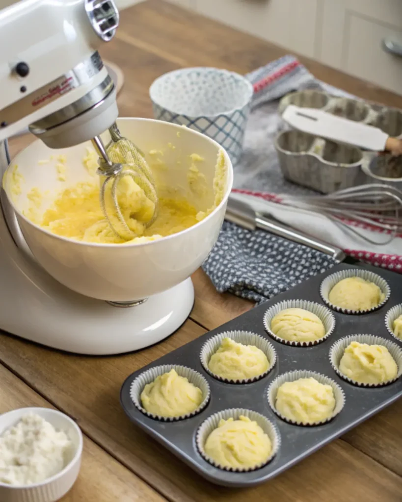  lemon cupcake batter in stand mixer ready to scoop into liners