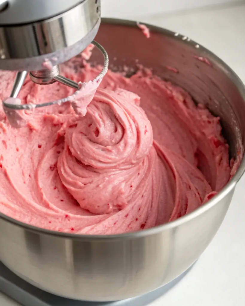 fresh raspberry buttercream frosting in stand mixer bowl, naturally pink