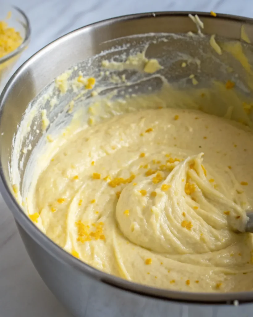 Lemon pudding and cream cheese mixture in a mixing bowl