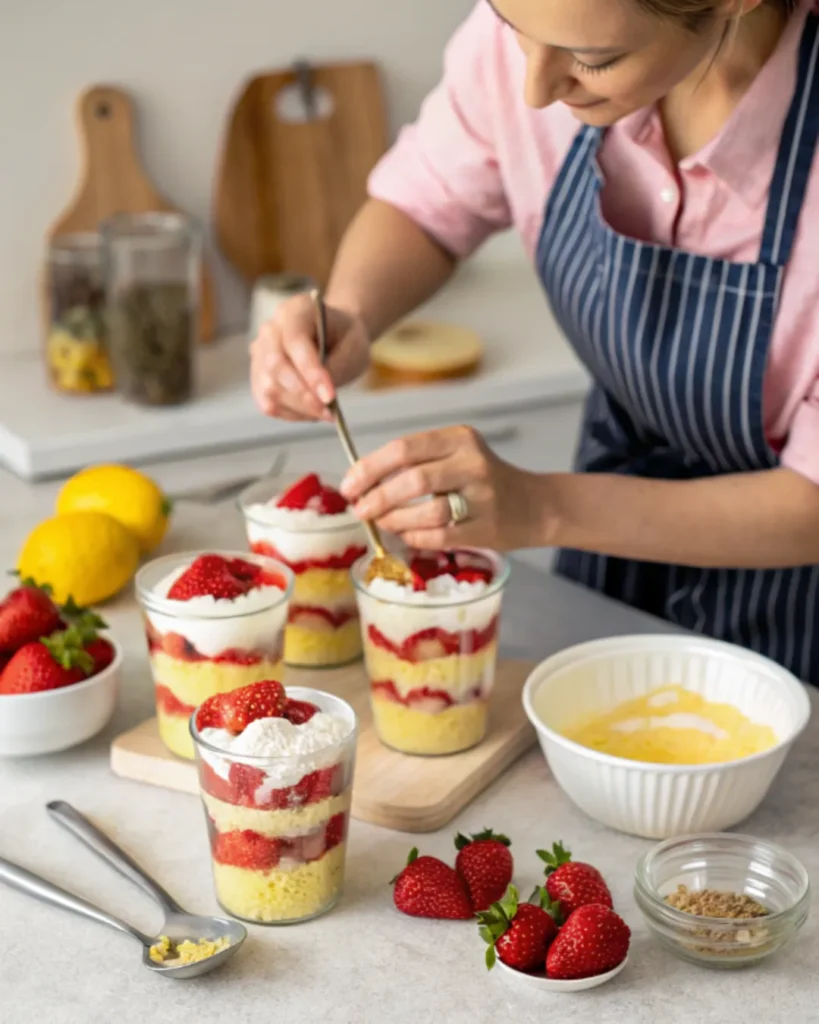 Assembling strawberry lemon trifle cups with visible layers of cake, pudding, and strawberries