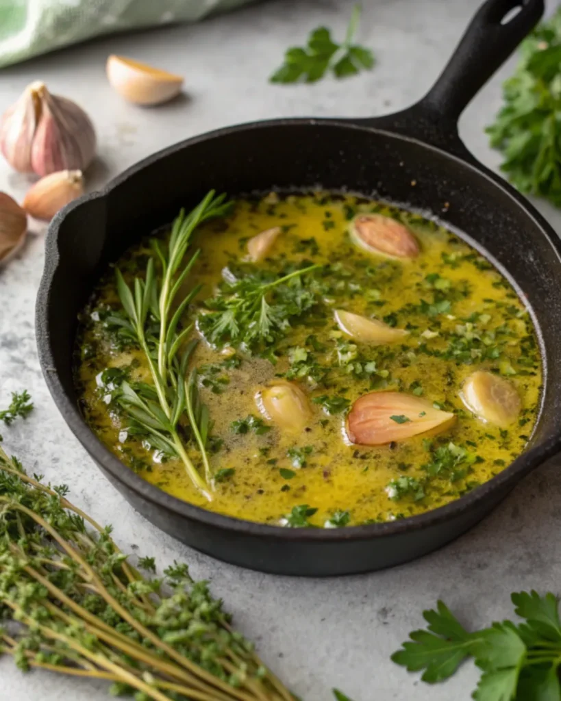 Lemon herb sauce simmering in a cast iron skillet with fresh herbs and garlic.