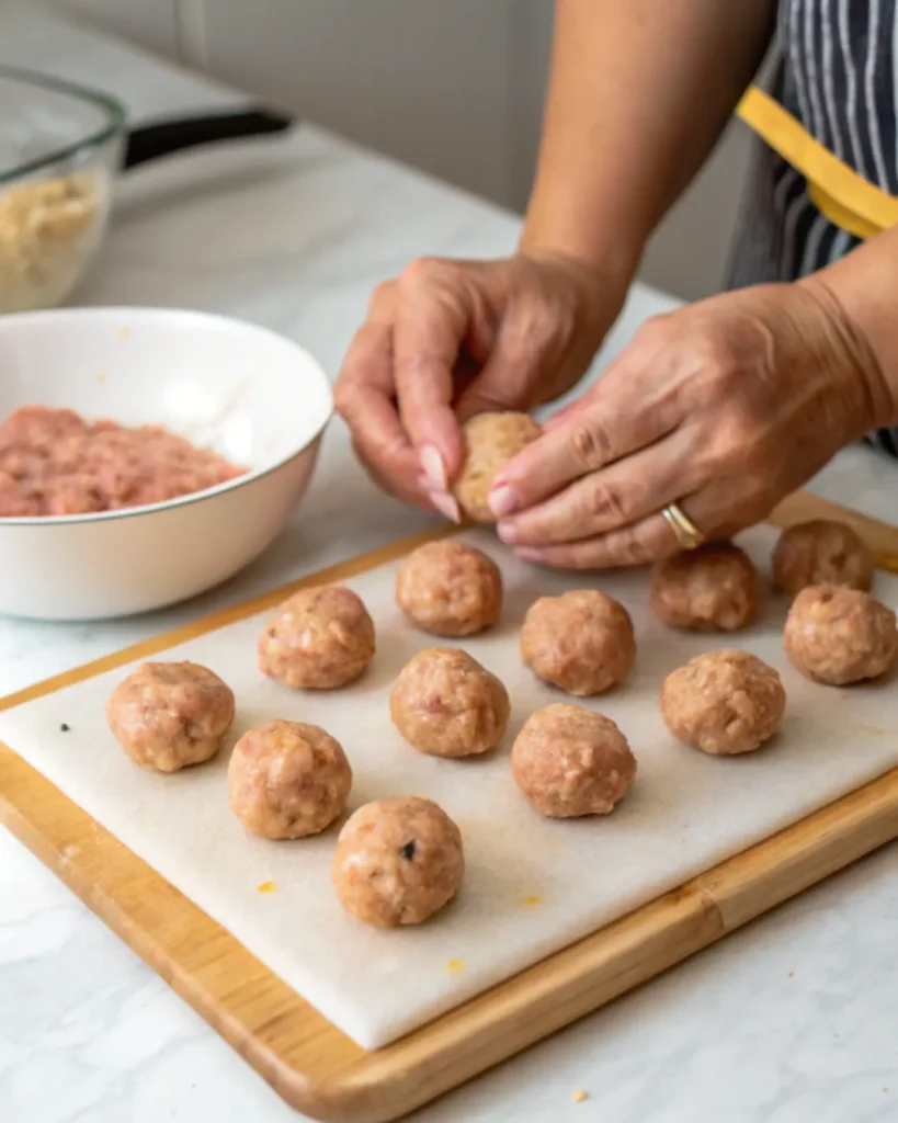 Hands rolling turkey meatballs into uniform round shapes on a cutting board