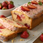 Fresh strawberry bread recipe baked as a soft golden loaf filled with juicy strawberries, sliced and served as a sweet fruit bread perfect for breakfast or dessert