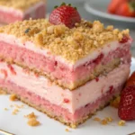 Strawberry Crunch Cake with soft pink layers and a golden crunchy topping, styled as a rich strawberry crumble cake inspired dessert, perfect for strawberry crunch desserts and special occasions