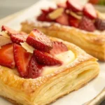 Strawberry danish puff pastry with flaky golden layers filled with sweet strawberry filling, baked until crisp and served as an elegant danish pastry dessert made from puff pastry sheets