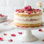 Rose Petal Layer Cake with buttercream frosting and fresh rose petals on elegant cake stand
