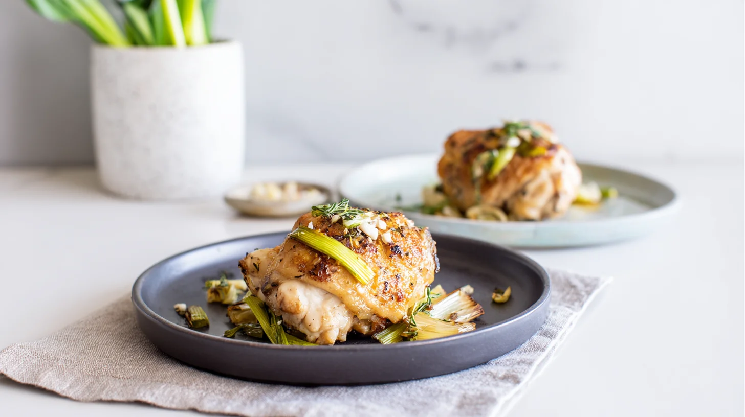 Garlic & Onion Roasted Chicken Thighs with Leeks for Dinner
