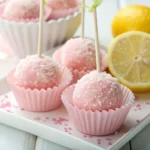 Pink Lemonade Cake Pops with pink candy coating and white drizzle arranged on a white plate
