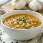 Roasted Garlic & White Bean Soup served in a white bowl garnished with fresh herbs and olive oil