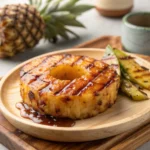Grilled pineapple with brown sugar glaze on white plate showing caramelized grill marks