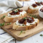 Goat Cheese and Fig Jam Crostini arranged on white platter with fresh thyme garnish