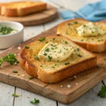 Texas Toast with Garlic Butter on a white plate showing golden crispy edges and melted butter