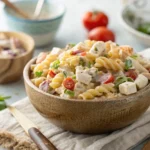 Smoky Ranch Pasta Salad with crispy bacon and fresh vegetables in a white serving bowl