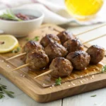 BBQ Meatball Skewers with grilled vegetables on a white platter, brushed with glossy barbecue sauce