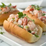 Mini Lobster Rolls arranged on a white platter with fresh herbs and lemon wedges