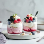Kefir overnight oats with berries served in a glass jar topped with fresh strawberries and blueberries