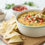 Smoked Queso Dip in cast iron skillet with melted cheese, topped with cilantro and jalapeños