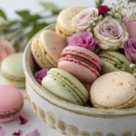 Assorted Floral Macarons arranged on white plate with edible flowers and rose petals