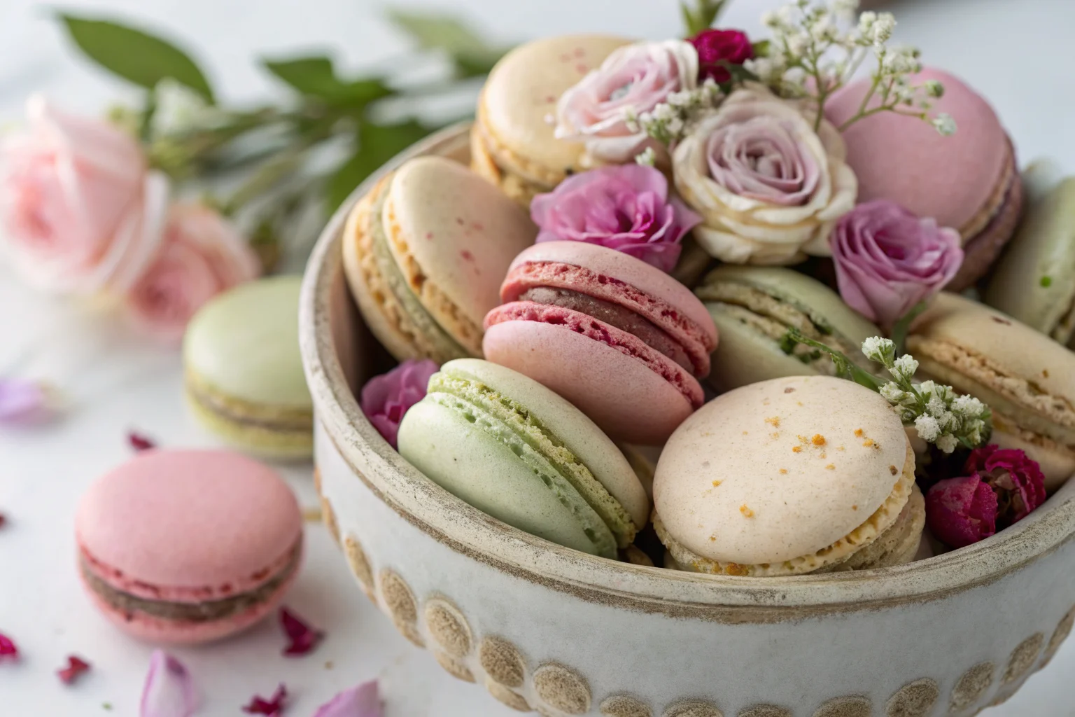 Assorted Floral Macarons with Edible Flowers and Buttercream