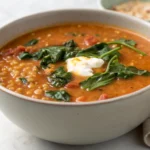 Red Lentil & Spinach Soup in a white bowl with fresh herbs and crusty bread on the side