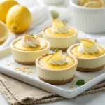 Mini Lemon Cheesecakes topped with golden lemon curd arranged on a white serving platter with fresh mint garnish