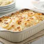 Scalloped Potatoes au Gratin served in a white ceramic dish with golden bubbly cheese topping and fresh thyme garnish