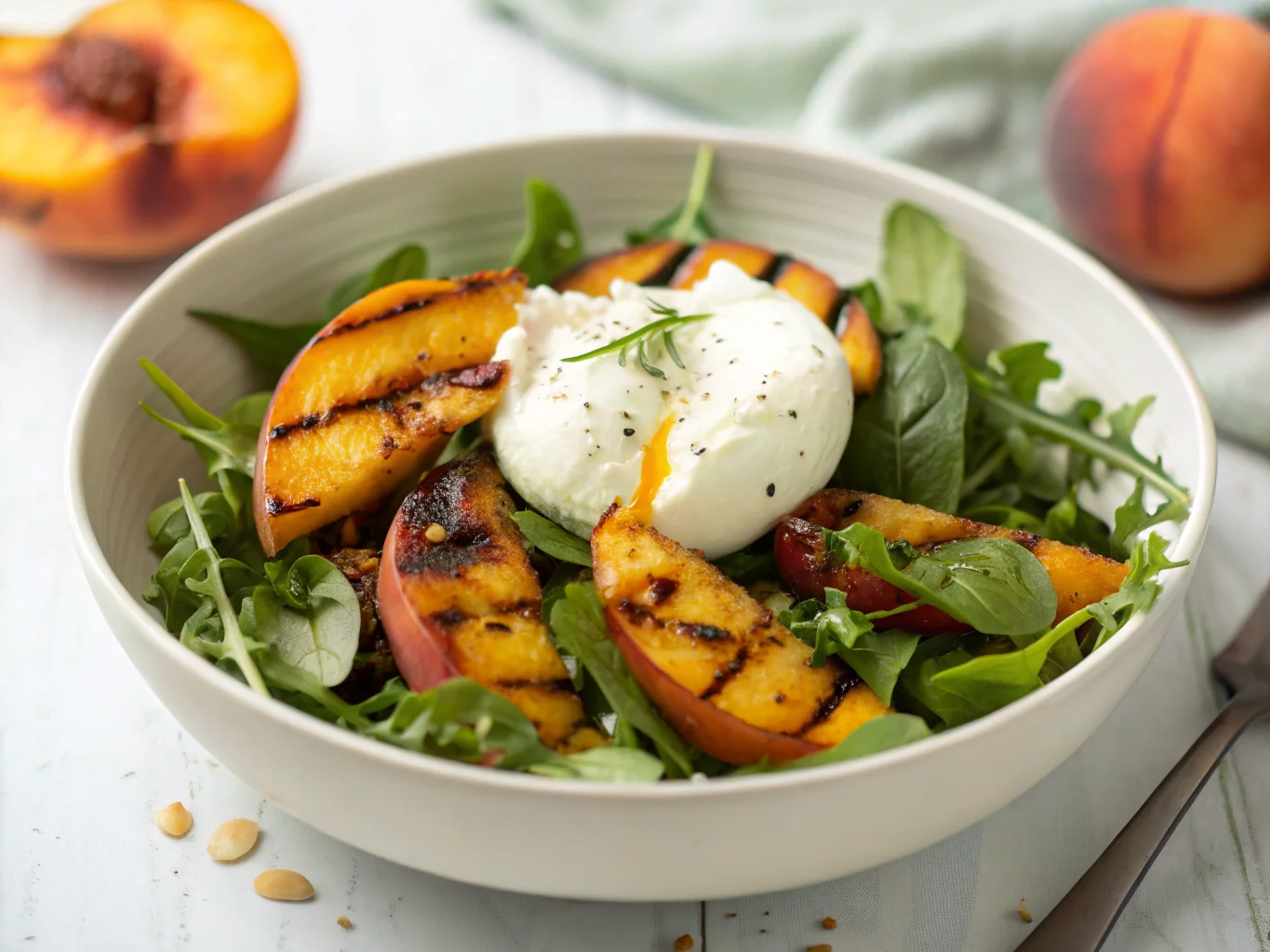 Grilled Peach and Burrata Salad With Balsamic Glaze
