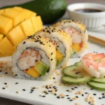 Mango Shrimp Roll on white plate with fresh herbs and colorful vegetables visible through translucent rice paper wrapper