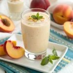 Peach Coconut Water Smoothie in a tall glass with fresh peach slices on a light background