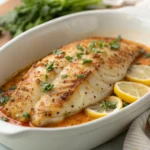 Buffalo Baked Tilapia on a white plate with fresh parsley and lemon wedges
