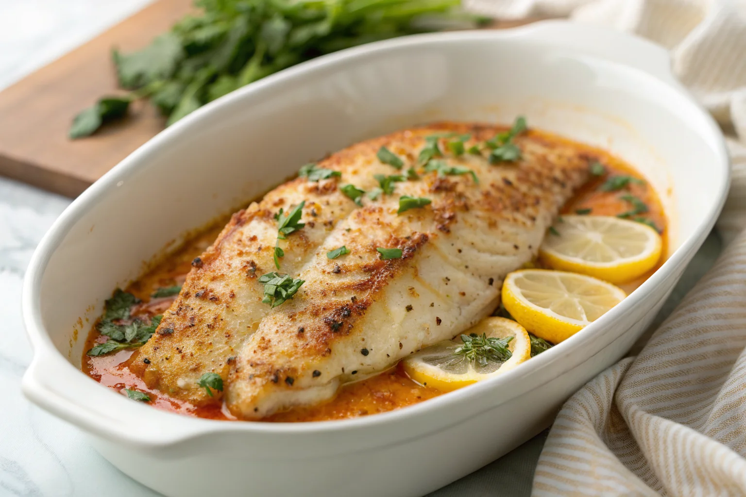 Buffalo Baked Tilapia on a white plate with fresh parsley and lemon wedges