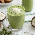 Coconut Water Green Detox Smoothie served in a tall glass with fresh spinach and pineapple garnish