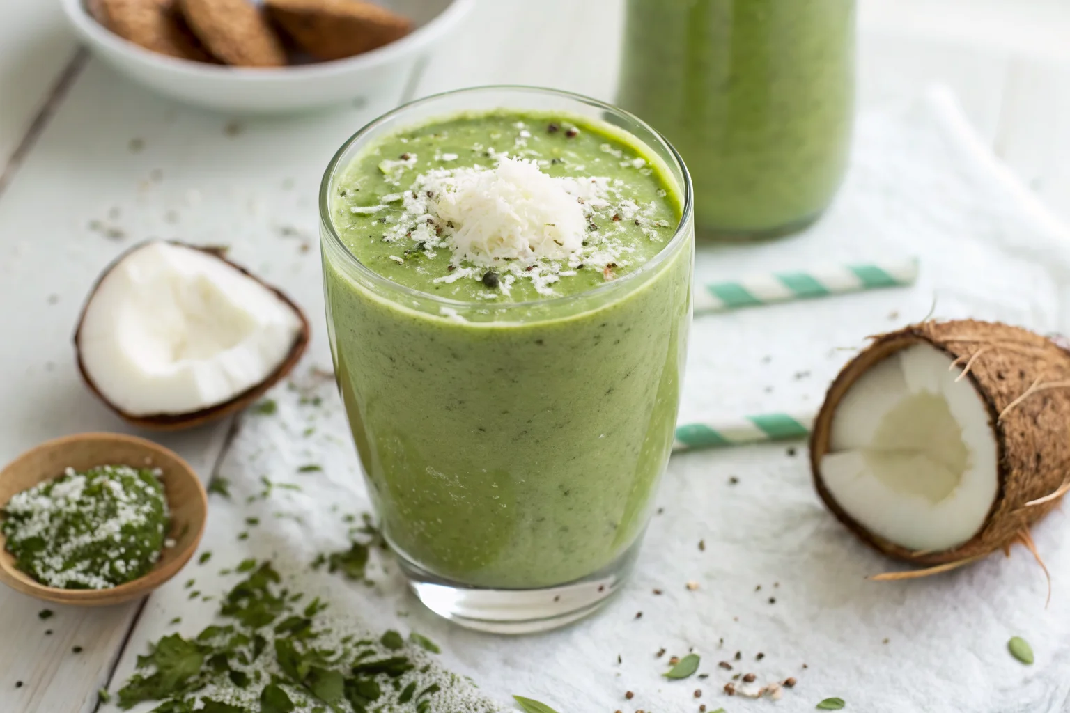 Coconut Water Green Detox Smoothie served in a tall glass with fresh spinach and pineapple garnish