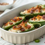 Sweet and Spicy Jalapeño Poppers wrapped in crispy bacon with caramelized brown sugar glaze on white serving platter