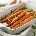 Honey Glazed Roasted Carrots plated on a white serving dish with caramelized edges and fresh parsley garnish