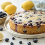 Blueberry Lemon Drizzle Teacake sliced on a white plate showing moist crumb with blueberries and glossy lemon glaze