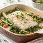 Baked cod with spring vegetables featuring flaky white fish and colorful asparagus and tomatoes on a white plate